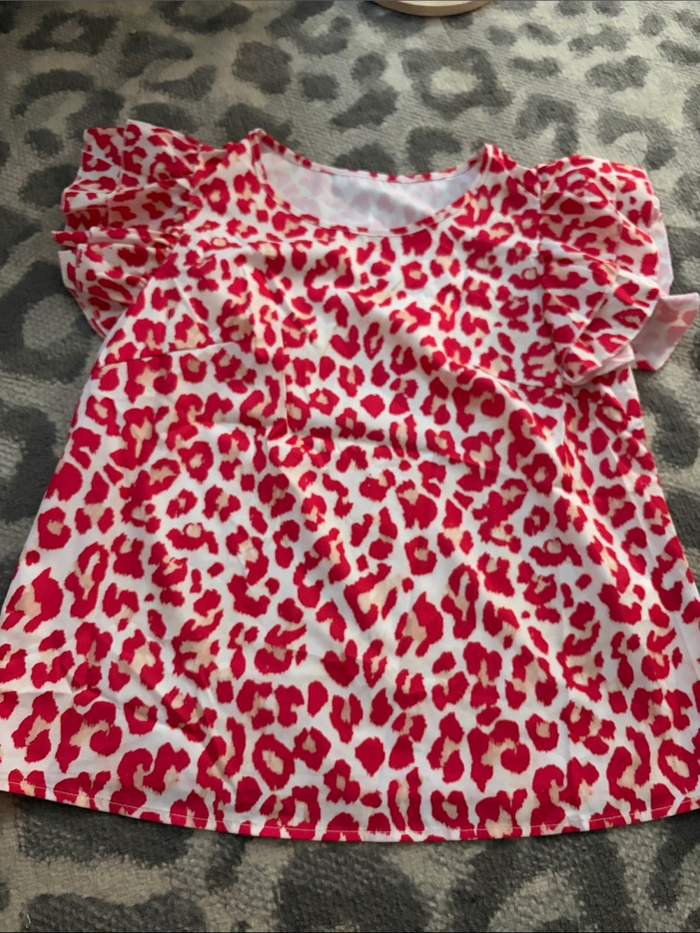 SHEIN Red and White Leopard Print Ruffle Sleeve Top